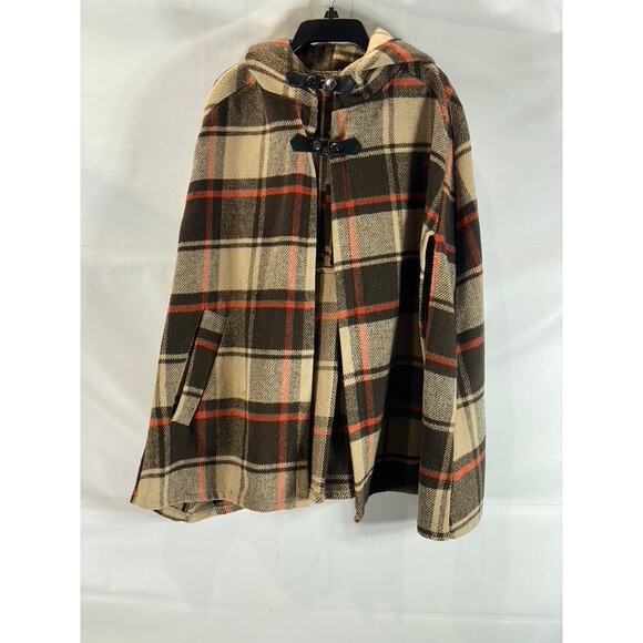 COCO + CARMEN Women's Hooded Brown Plaid Toggle Poncho Ruana OS - Picture 1 of 15